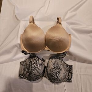 Cacique 42DDD Back Smoothing Bra Bundle Nude T-Shirt & Black Lace Full Coverage